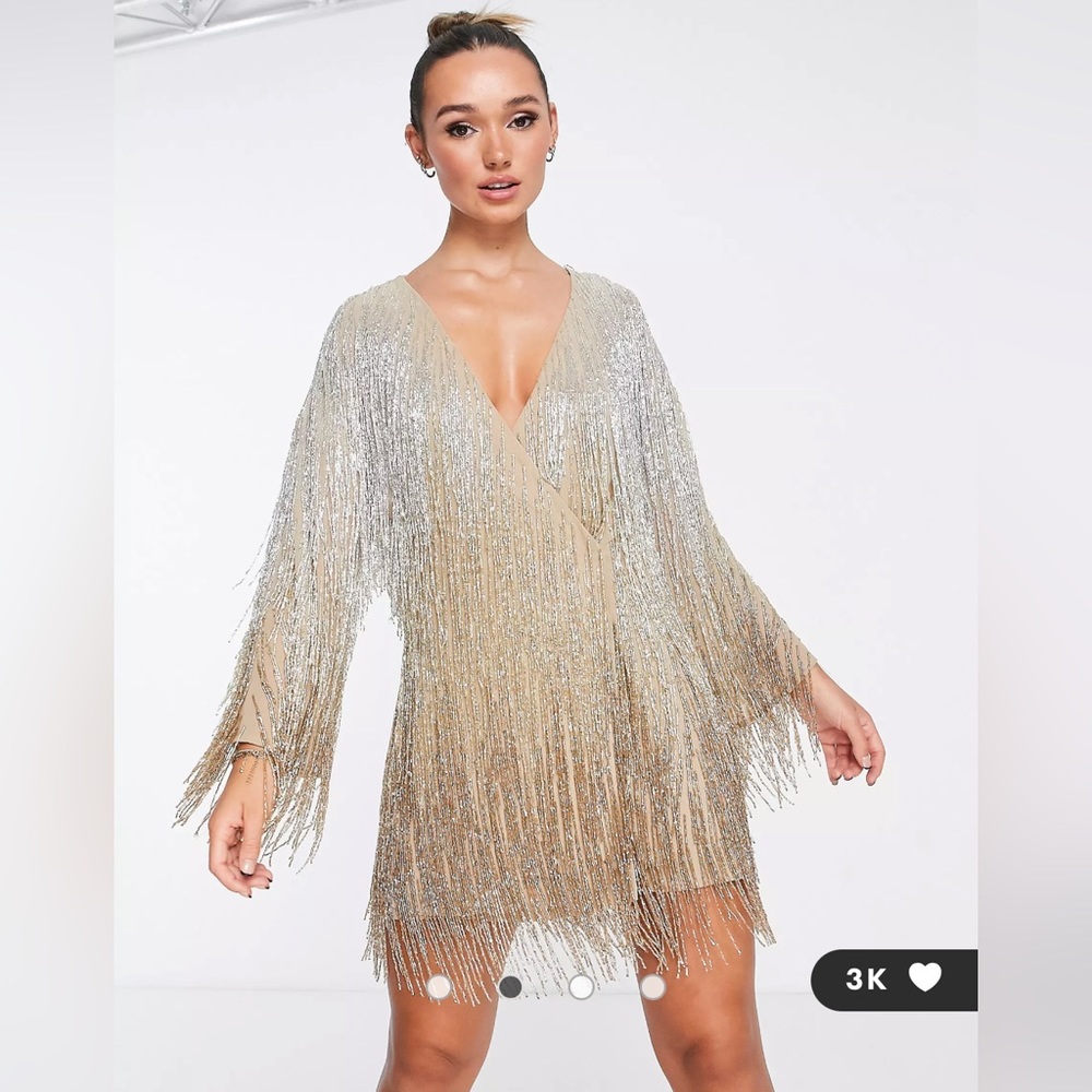 ASOS DESIGN embellished plunge mini dress in ombre beaded fringe in taupe